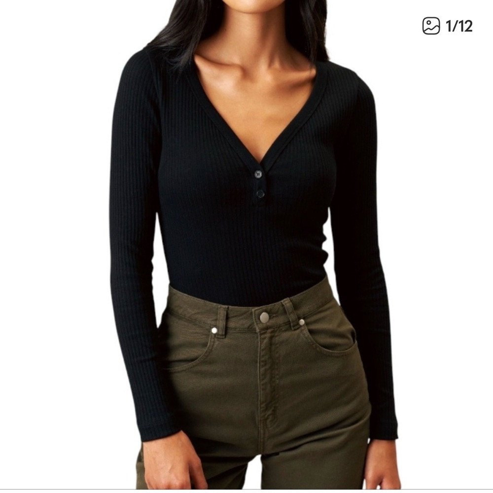 KOTN Ribbed Henley Long Sleeve Shirt Black Cotton V Neck Women's size Large